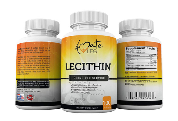 Soy Lecithin 1200Mg Capsules Supplement For Heart, Liver & Brain Health – Supports Immune System, Brain Function & Metabolism - Non-Gmo & Made In The Usa- 100 Softgels / 1200Mg By Amate Life