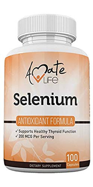 Selenium Thyroid Support Supplement L-selenomethionine Vegan-Friendly Supplement Supports Thyroid, Cardiovascular Health & Immune System for Women & Men 200mcg 100 Capsules by Amate Life