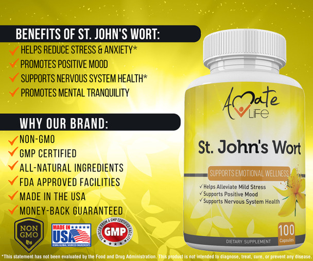 St Johns Wort Stress Relief Mood Support Supplement Serotonin Boost Mental Focus and Mood Stabilizer for Women & Men-100 Capsules by Amate Life