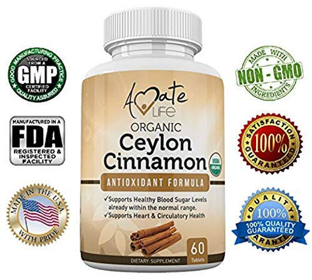 Ceylon Cinnamon USDA Organic Certified 1000mg Antioxidant Neuro-Protective Nutritional Supplement Cardiovascular Natural Non-GMO Cholesterol Glucose Control for Men and Women 60 Tablets by Amate Life