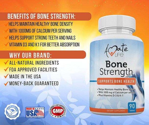 Bone Strength - Calcium Magnesium for Bone Health- Calcium Citrate with Vitamin D3 for Bone Density- Calcium Supplement for Women-High Absorption Calcium 1000mg- 90 Tablets Made USA by Amate Life