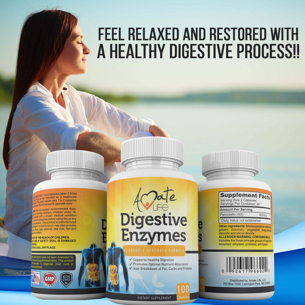 Digestive Enzymes For Digestion, Gut Health And Bloating Relief Quadruple Strength - Pancreatin Active Ingredient For Digestion Of Fats, Carbs, Protein 100 Capsules Non Gmo By Amate Life