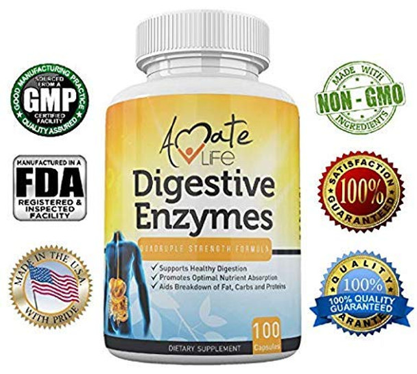 Digestive Enzymes For Digestion, Gut Health And Bloating Relief Quadruple Strength - Pancreatin Active Ingredient For Digestion Of Fats, Carbs, Protein 100 Capsules Non Gmo By Amate Life