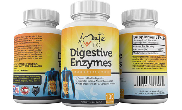 Digestive Enzymes For Digestion, Gut Health And Bloating Relief Quadruple Strength - Pancreatin Active Ingredient For Digestion Of Fats, Carbs, Protein 100 Capsules Non Gmo By Amate Life