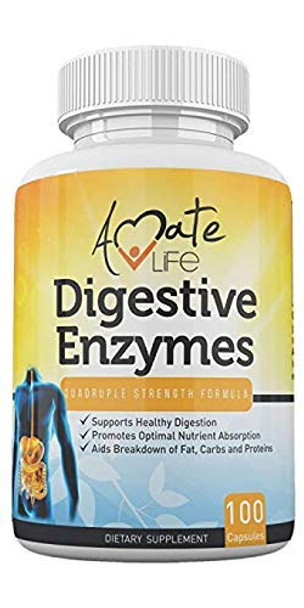 Digestive Enzymes For Digestion, Gut Health And Bloating Relief Quadruple Strength - Pancreatin Active Ingredient For Digestion Of Fats, Carbs, Protein 100 Capsules Non Gmo By Amate Life