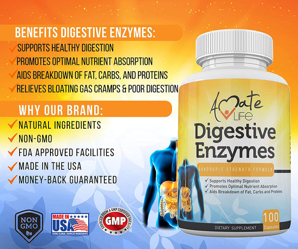 Digestive Enzymes For Digestion, Gut Health And Bloating Relief Quadruple Strength - Pancreatin Active Ingredient For Digestion Of Fats, Carbs, Protein 100 Capsules Non Gmo By Amate Life