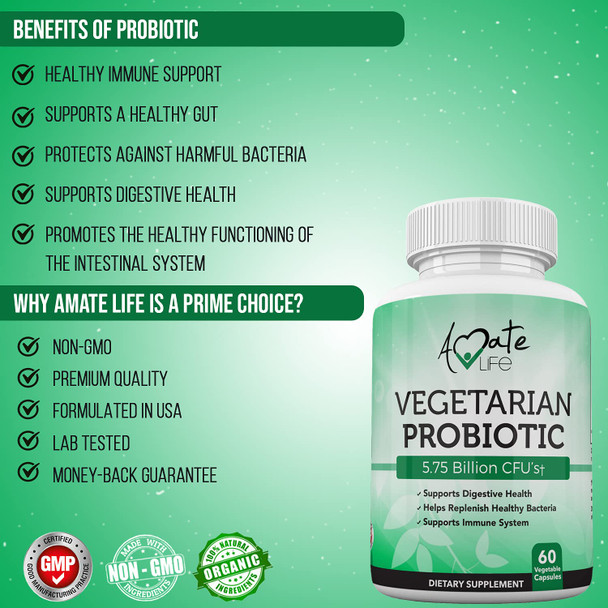 Vegetarian Probiotic Nutritional Supplement 5.75 Billion CFU for Men and Women Digestive Health, Gut & Immune System Support, Helps with Bloating & Gas Made in USA 60 Vegetable Capsules by Amate Life