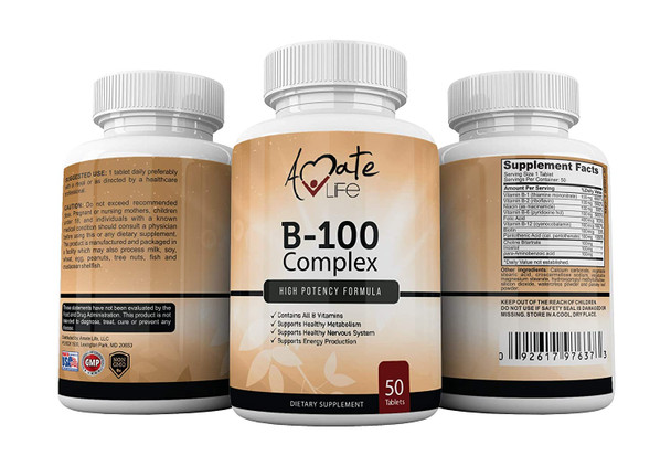 Vitamin B Complex High Potency -Vitamin B12, B1, B2, B3, B5, B6, B7 Biotin Supplement Supports Healthy Metabolism, Immune Support & Energy Production- Made In Usa - 50 Tablets By Amate Life