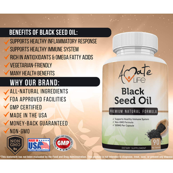 Black Seed Oil Capsules Cold Pressed - Black Cumin Seed Oil Vegetarian Supplements- Non-GMO Blackseed Oil Pills for Immune Support- Rich in Antioxidants - 90 Capsules by Amate Life