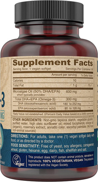 Deva Vegan DHA-EPA Nutritional Supplement, Non-Fish Derived from Algae, 300 mg Potency, 90 Vegetarian Softgels - Pack of 2