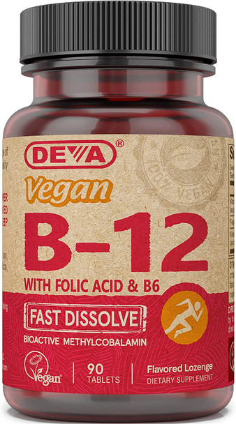Deva Vegan Vitamins B-12 1000Mcg With Folic Acid & B-6, Supports Nervous System, Healthy Brain Function & Energy Production, Fast Dissolve, 90 Tablets