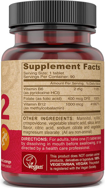 Deva Vegan Vitamins B-12 1000Mcg With Folic Acid & B-6, Supports Nervous System, Healthy Brain Function & Energy Production, Fast Dissolve, 90 Tablets