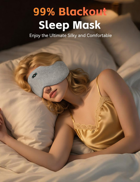 Veeniitosr Sleep Mask With Headphones Bluetooth 6.0, 20H Playtime Sleeping Headphones With Hd Stereo Speakers For Side Sleepers, Adjustable Blackout Silk Eye Mask For Travel Meditation, s For Women Men(Grey)