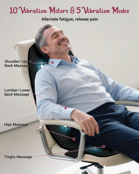 Therazzagge Vibraiton Back Massager For Chair, Massage Seat Cushion, Back Massage Pad With Heat,10 Vibration Motors,5 Vibration Modes,Chair Massager At Office/Home