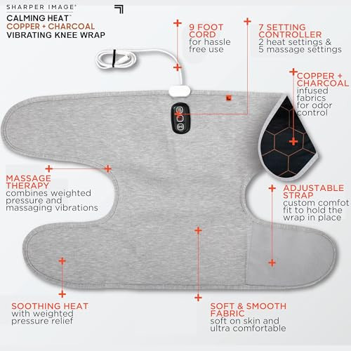 Calming Comfort Calming Heat Knee Wrap By Sharper Image Weighted Copper & Charcoal Heating Pad Auto Shut-Off Feature For Holidays Women & Men 2 Heat & 5 Vibrating Massage Settings 30.3 X 16.5