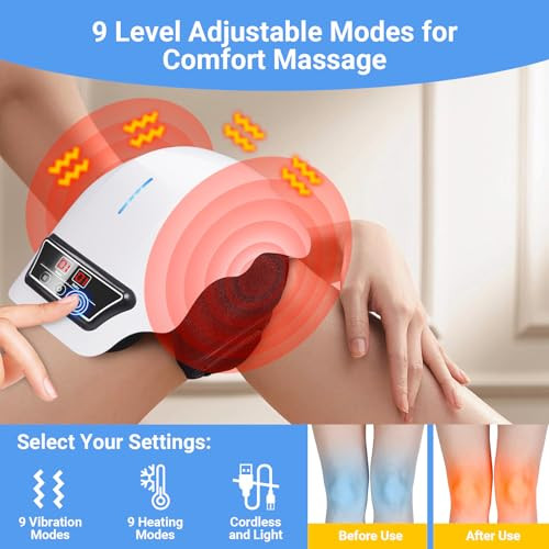 Bibire Cordless Knee Massager With 9 Level Heat, Vibration, Massage, Knee Pain Relief For Swelling Stiff Joints, Stretched Ligament And Muscles Injuries, Adjustable Straps, Suit For Family