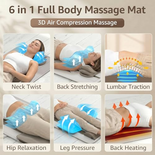Yening Full Body Massage Mat With Airbags, Air Compression Stretching Mat With Heat For Bed Floor, Neck Lumbar Traction Pad For Pain Relief, Foldable Massage Mattress Topper, 5'1"-6'0"