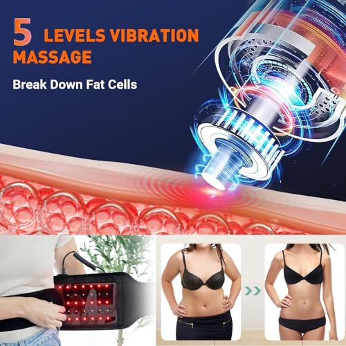 Topcupro Vibrating Infrared Red Light Therapy Belt, 5 Levels Massage Heating Waist Band, Vibration Heat Wrap Massager Body Sculpting Pad, 105 3-Chip Led 660Nm 850Nm, Intensities Wavelength & Timer Adjustable
