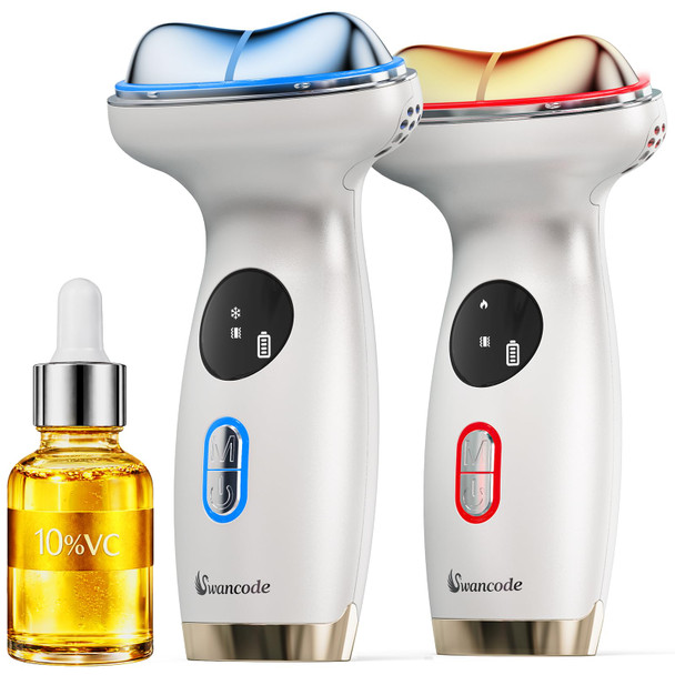 Swancode Cold & Heat Red Light Therapy With Serum - 7-In-1 Led Face Sculpting Tool For Depuffing, Sculpting, Lifting, Hot Electric Gua Sha & Cold Depuffing Wand For Face, Neck & Eye Area, Face&Neck Massager