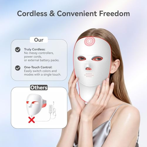 Vileelia Upgraded Led Face Mask Light Therapy - Gen 2 Ultra-Lightweight Face & Neck Red Light Therapy Device - Detachable Neck Piece & 7 Color Photon Skin Care Shield - Wireless & Portable Home Spa