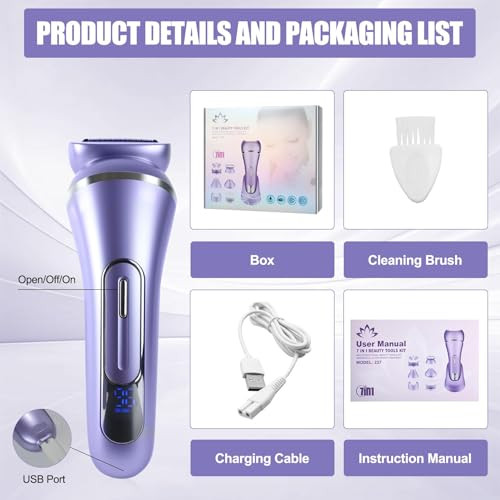 Atg 3.0 Women Face Epilator, 7-In-1 Rechargeable Facial Hair Remover With Led Battery Display, Facial Shaver For Face, Eyebrow, Nose Trimmer (Purple)