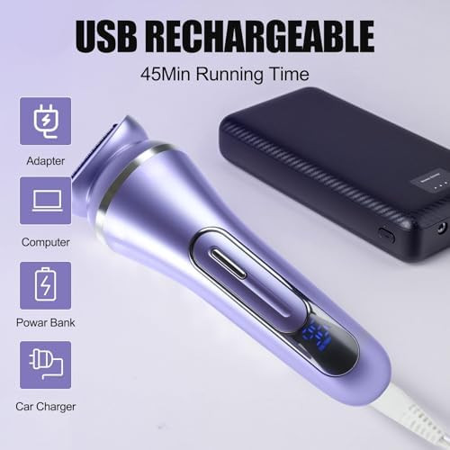 Atg 3.0 Women Face Epilator, 7-In-1 Rechargeable Facial Hair Remover With Led Battery Display, Facial Shaver For Face, Eyebrow, Nose Trimmer (Purple)