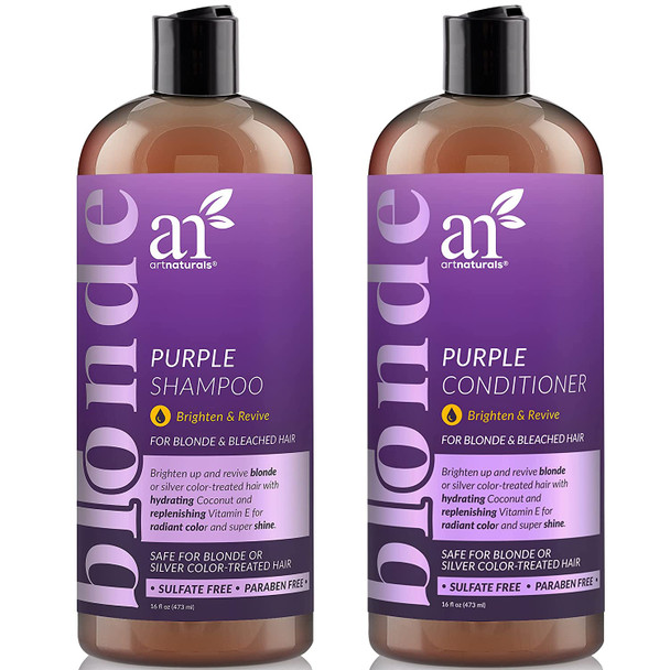 ArtNaturals Purple Shampoo and Conditioner Set  (2 x 16 Fl Oz / 473ml)  Protects, Balances and Tones  Bleached, Color Treated, Silver, Brassy and Blonde Hair - Sulfate Free