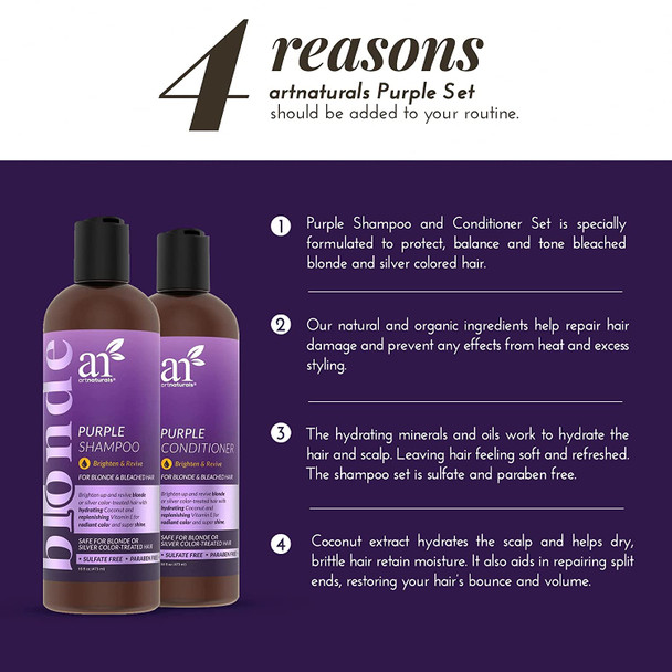 ArtNaturals Purple Shampoo and Conditioner Set  (2 x 16 Fl Oz / 473ml)  Protects, Balances and Tones  Bleached, Color Treated, Silver, Brassy and Blonde Hair - Sulfate Free