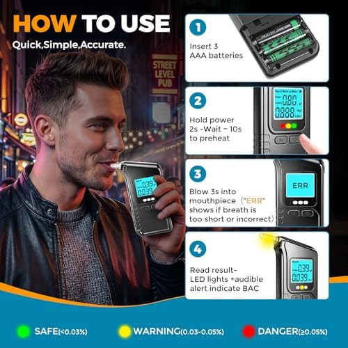 Suncucu Breathalyzer: Portable Breathalyzers Test For Alcohol With Tri-Color Lcd Alert, High Accuracy Bac Breathalyzer Breath, 3-5S Fast Test, 20 Mouthpieces For Personal & Home Party Use