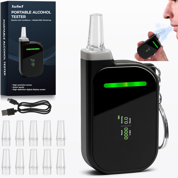 Tzztoit Portable Breathalyzers For Alcohol, Professional-Grade High Accuracy Alcohol Breathalyzer Tester Keychain, Usb Rechargeable, 3-Color Warning & Sobriety Time Reminder, 10 Mouthpieces Included, Black