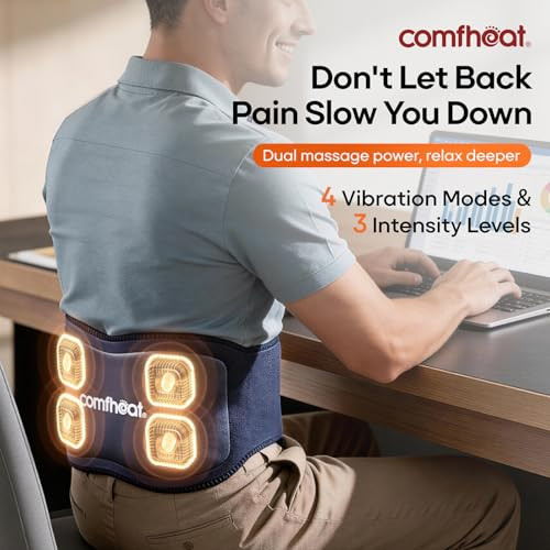 Comfheat Cordless Back Massager With Heat For Pain Relief Deep Tissue, Portable Heating Pad For Lower Back & Sciatica Pain, 4 Motors Wearable Heat Wrap Belt Battery Powered, Extra Large Up To 61"