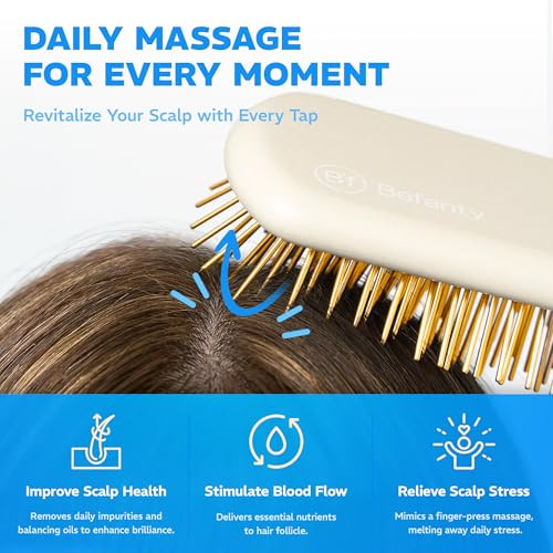 Befanty 24K Gold Plated Gua Sha Hairbrush & Scalp Massager, Anti-Static Metal Bristle Comb For Dry & Wet Brush, Detangler & Curly Hair Brushes For Women & Men
