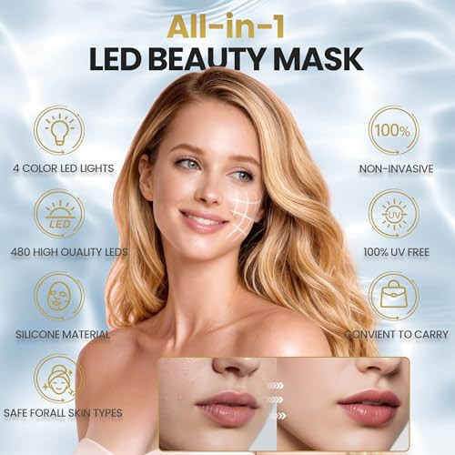 Deccasa Red Light Mask For Face & Neck, 4 Light With 850Nm Nir, Red, Blue Led Face Mask, Eye Protection & Remote Control, 3000Mah Rechargeable At-Home Facial Beauty Device
