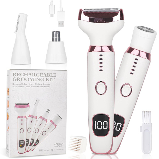 Beanify Electric Razor For Women Men With Led Display,4 In 1 Ladies Wet & Dry Body Razors And Facial Hair Remover, Rechargeable Hair Removal Kit For Nose Face Body Leg Bikini Arm Hair (Multicolor Pi)