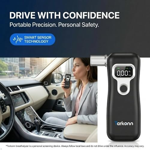 Tarkonn Smart Personal Breathalyzer - 8Mm Fuel Cell Sensor Alcohol Tester With Bluetooth App, Portable Pocket Size For Personal Accountability & Social Safety, Real-Time Tracking, 6 Mouthpieces