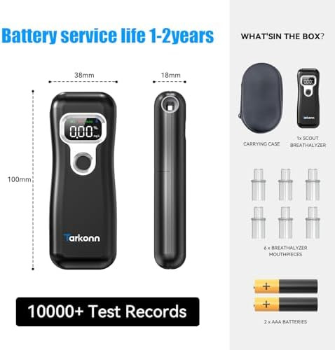 Tarkonn Smart Personal Breathalyzer - 8Mm Fuel Cell Sensor Alcohol Tester With Bluetooth App, Portable Pocket Size For Personal Accountability & Social Safety, Real-Time Tracking, 6 Mouthpieces