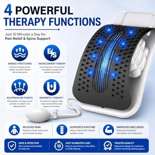 Breev ' Back Stretcher With Ems Electric Pulse Massage Lumbar Support For Lower Back Pain Relief Adjustable Spine Decompression Device 108 Acupressure Nodes & Remote Control