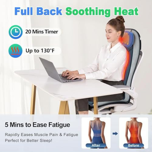 Comrelax Vibration Back Massager For Chair With Heat, Massage Seat Cushion With Adjustable Neck Support Pillow & Heating Zones, Short Plush Cover Comfortable Pad For Office & Home, s For Mom & Dad