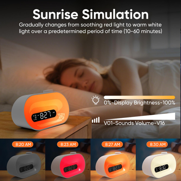 Apuzom White Noise Sound Machine & Sunrise Alarm Clock, 30 Sleep Sounds, 14 Night Lights, 0-100% Dimmer, Dual Alarm, Sleep Timer, Dimmable Bedside Lamp Wake Up Light For Heavy Sleepers Adults, Kids, Bedrooms
