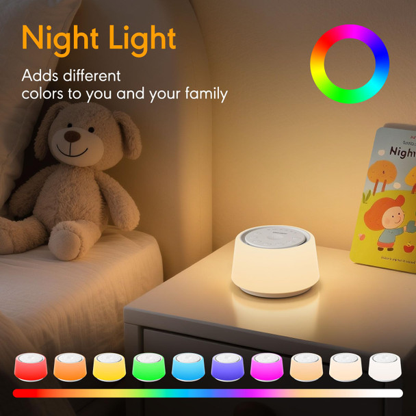 Smilebop White Noise Machine With Night Light, 30 Soothing Sounds Portable Sound Machine For Baby And Adults, 10 Color Night Light, 5 Timer Options, Memory Function,Compact For Travel (White)