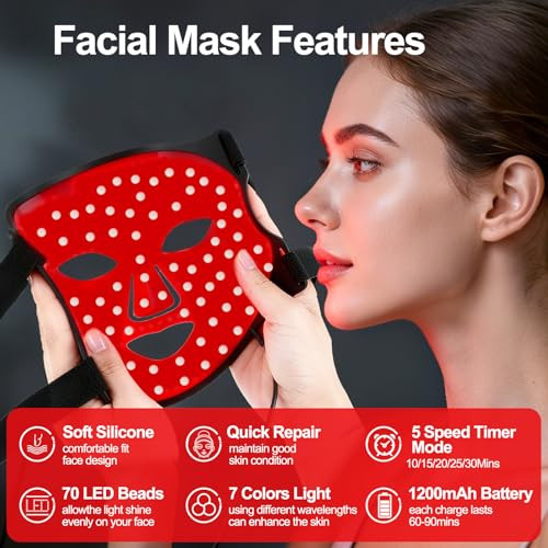 Yurui Teng Red Light Therapy For Face 7 -Color Light Modes '3-In-1 Fusion Led Beads 1200Mah Red Light Therapy Face Mask With Timer Suitable For Home Use Brighten And Tighten Skin Tone (Black)