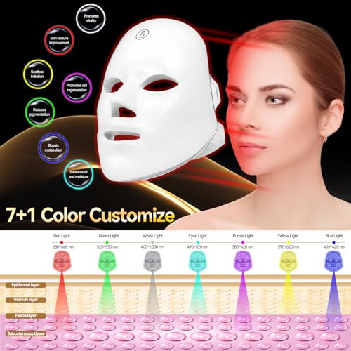 Cdkmax Red Light Therapy For Face Led Light Therapy Mask For Face 7+1 Colors Led Facial Skin Care Mask Rechargeable Beauty Device With Adjustable Strap And Usb For Home & Travel Use