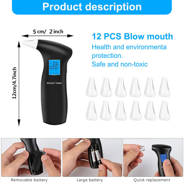 Haptique Breathalyzer With Lcd Digital Display, Portable Tester For Alcohol Includes 12 Mouthpieces(Blue)