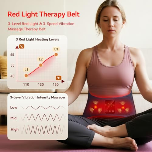Evateale Red Light Therapy Belt For Body, Cordless Infrared Therapy Belt For Back/Abdomen, Waist Wrap With Pulse/Vibration Massage & Timer, Pain Relief, Muscle Relaxation & Circulation Boost, For Parents