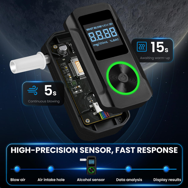 Vxf Breathalyzer, Portable Alcohol Breathalyzer Tester With Lcd Display & Indicator Ring, Professional-Grade Accuracy, Includes 30 Replaceable Mouthpieces, For Personal & Party Use