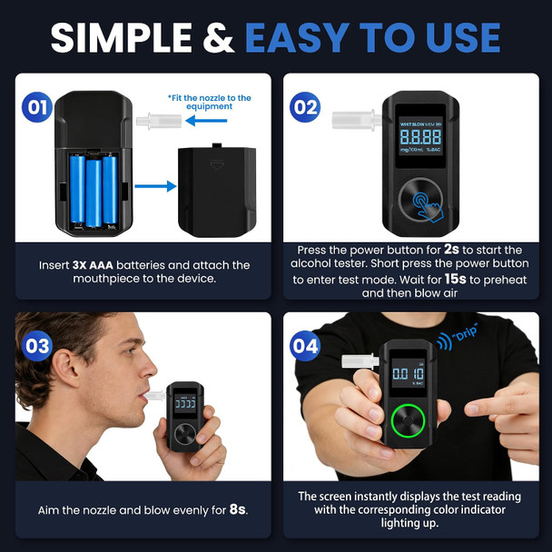 Vxf Breathalyzer, Portable Alcohol Breathalyzer Tester With Lcd Display & Indicator Ring, Professional-Grade Accuracy, Includes 30 Replaceable Mouthpieces, For Personal & Party Use