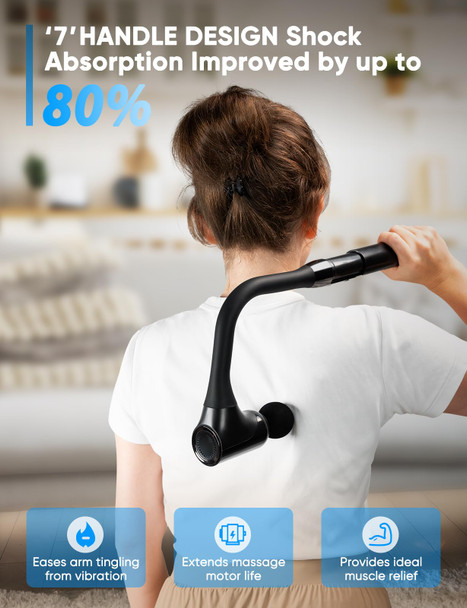 Fvz Massage Gun Deep Tissue - Back Massager For Pain Relief Deep Tissue With Extended Handle, 12Mm Percussion Less-Shock Neck/Foot/Leg/Shoulder Massager, Infinitely Adjustable Speed & 4 Replaceable Heads