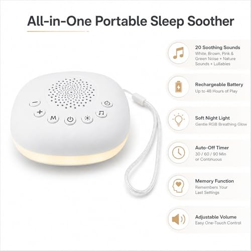 Kdtomoy White Noise Machine, Portable Travel Sound Machine With 20 Soothing Sounds, Rechargeable Baby Sleep Soother With Night Light, Adjustable Volume, Light, Timer For Home, Nursery, Stroller