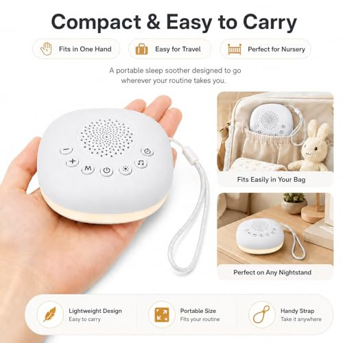 Kdtomoy White Noise Machine, Portable Travel Sound Machine With 20 Soothing Sounds, Rechargeable Baby Sleep Soother With Night Light, Adjustable Volume, Light, Timer For Home, Nursery, Stroller