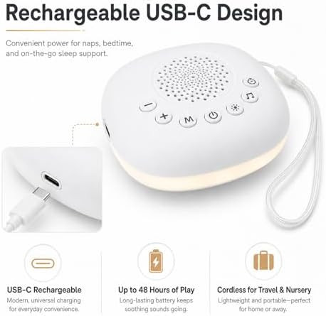 Kdtomoy White Noise Machine, Portable Travel Sound Machine With 20 Soothing Sounds, Rechargeable Baby Sleep Soother With Night Light, Adjustable Volume, Light, Timer For Home, Nursery, Stroller